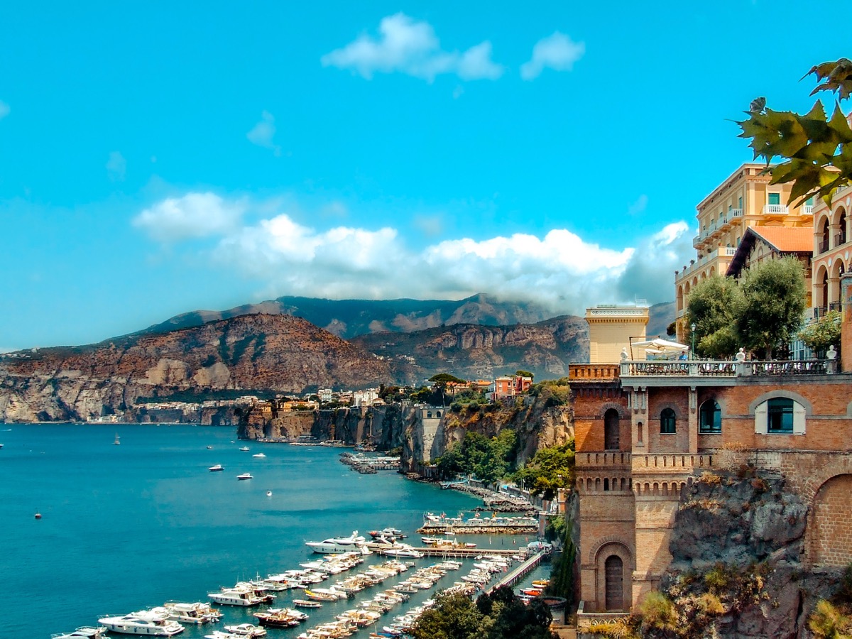 Italian Coastline with bright blue sky and Italian village