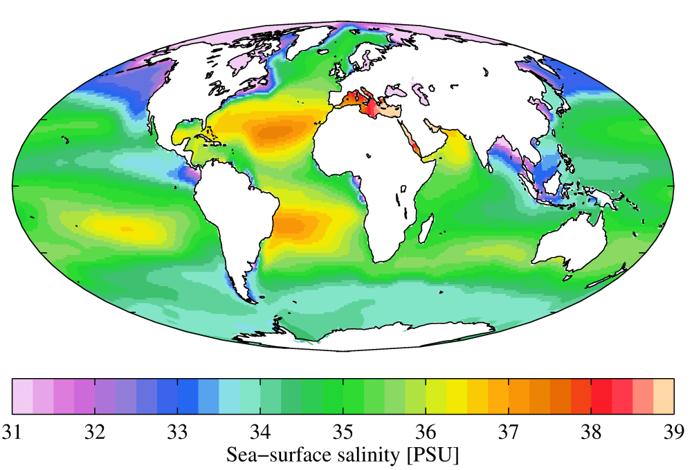 World map showing sea salinity, with most salinity in Mediterranen, North and South Atlantic