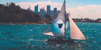 Sailboat in front of NYC with Bermuda mainsail and Jib