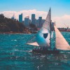 Sailboat in front of NYC with Bermuda mainsail and Jib