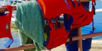 Sailing safety gear hanging from rail on boat