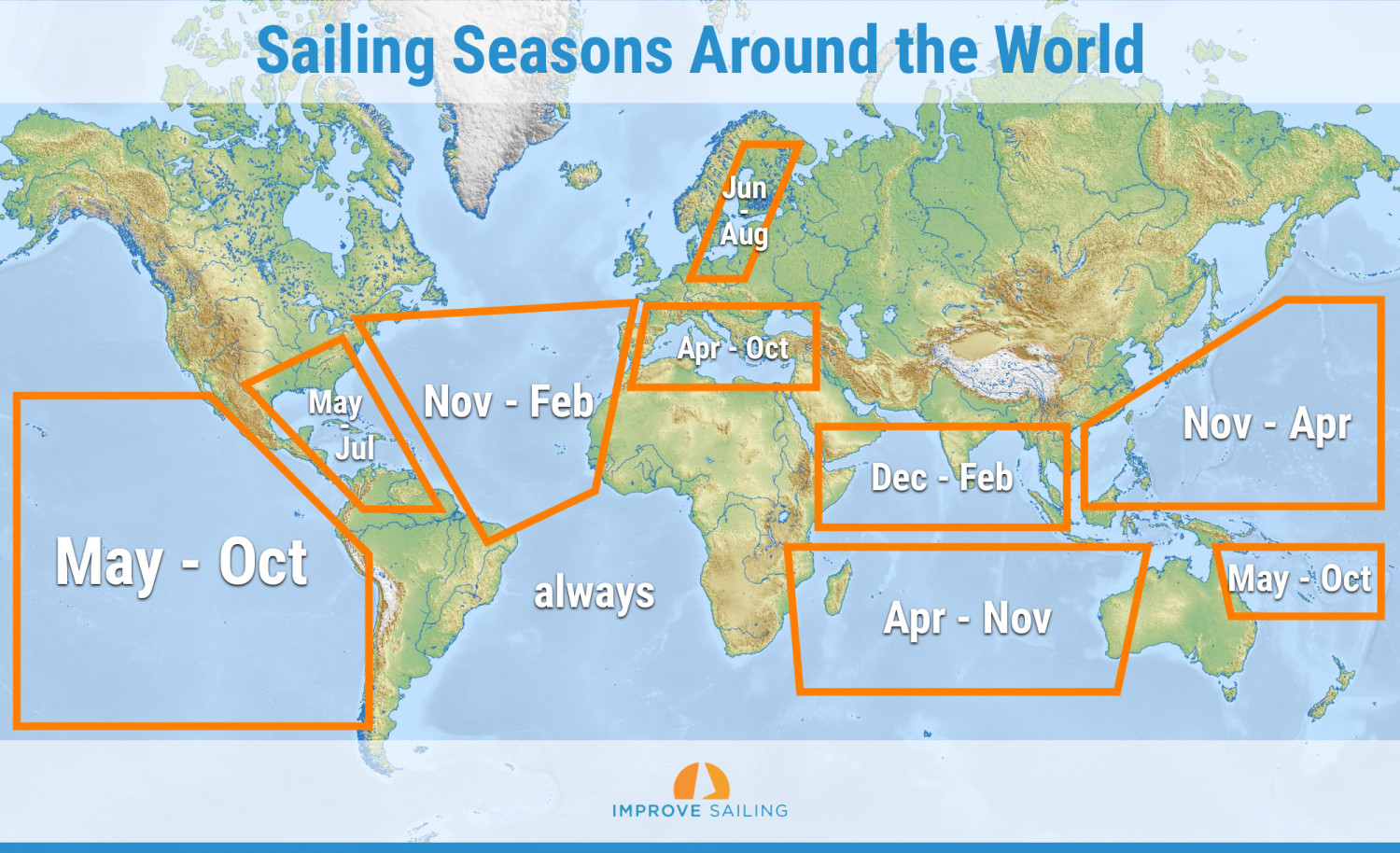 Map of the sailing seasons around the world