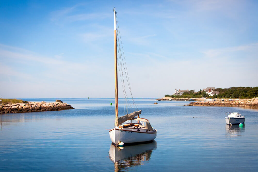 Boat anchored in river delta