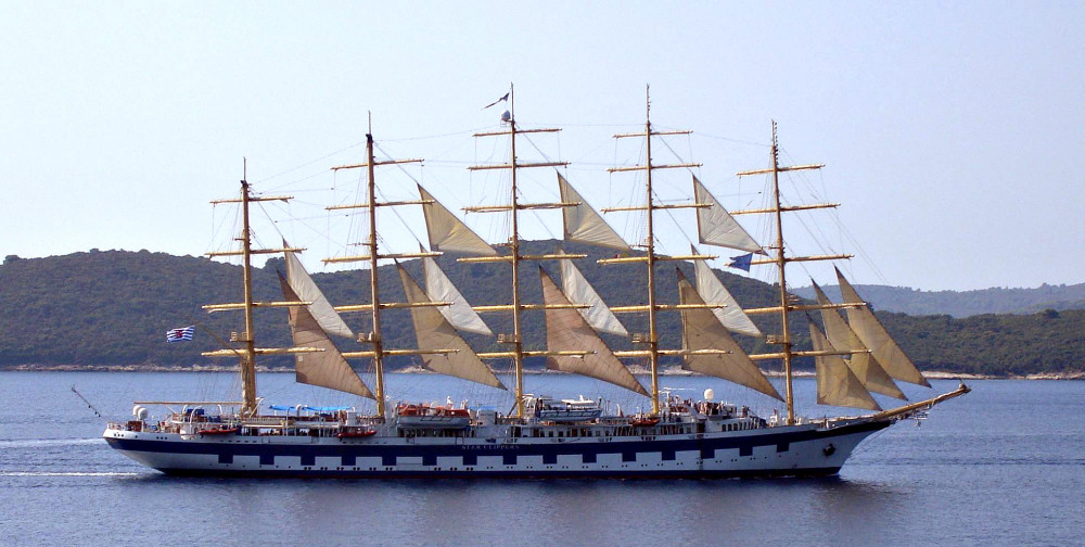 Five masted Clipper SV Royal sailing at half sail