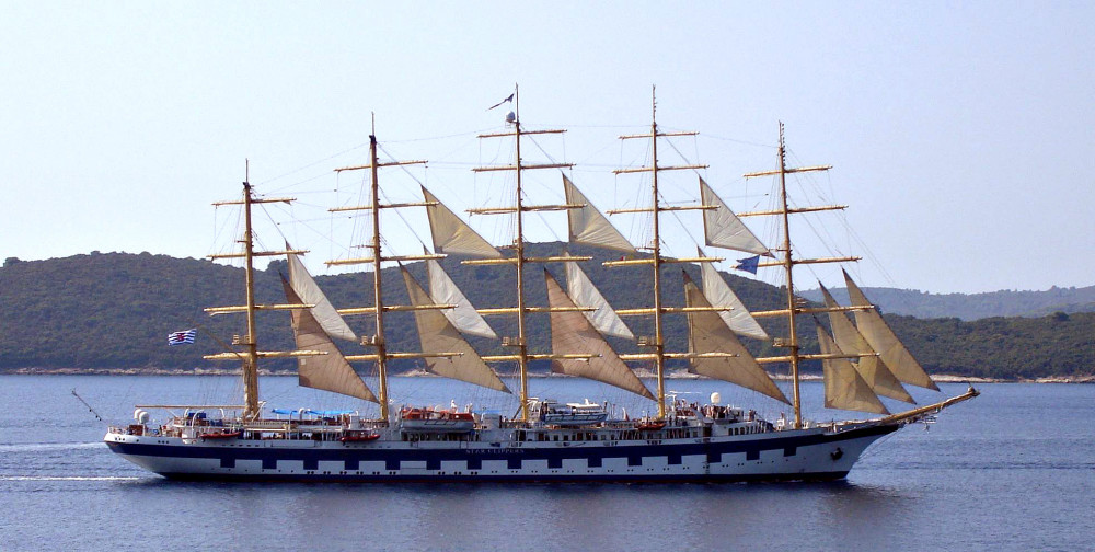 Five masted Clipper SV Royal sailing at half sail