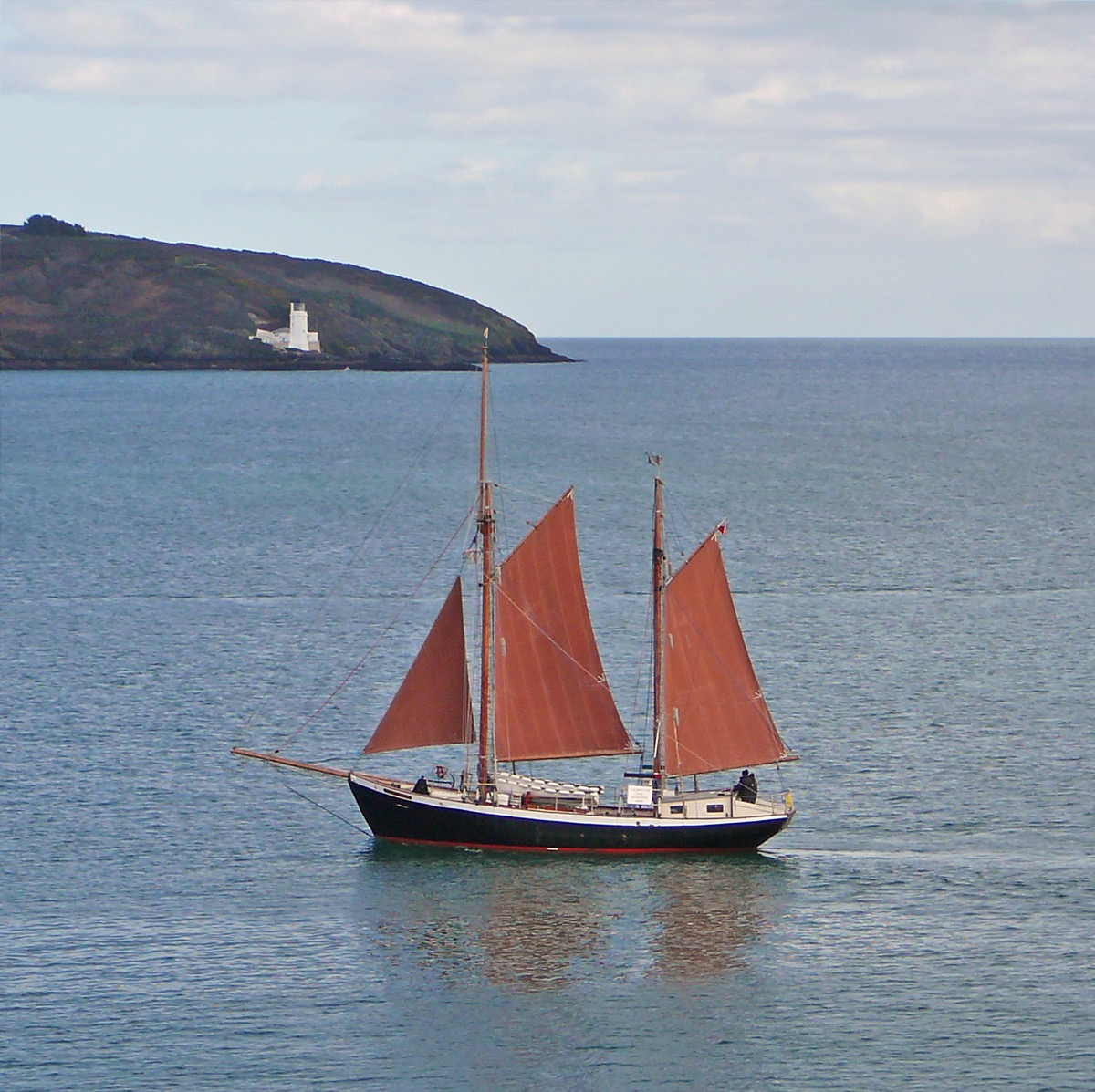 Ketch with maroon sails