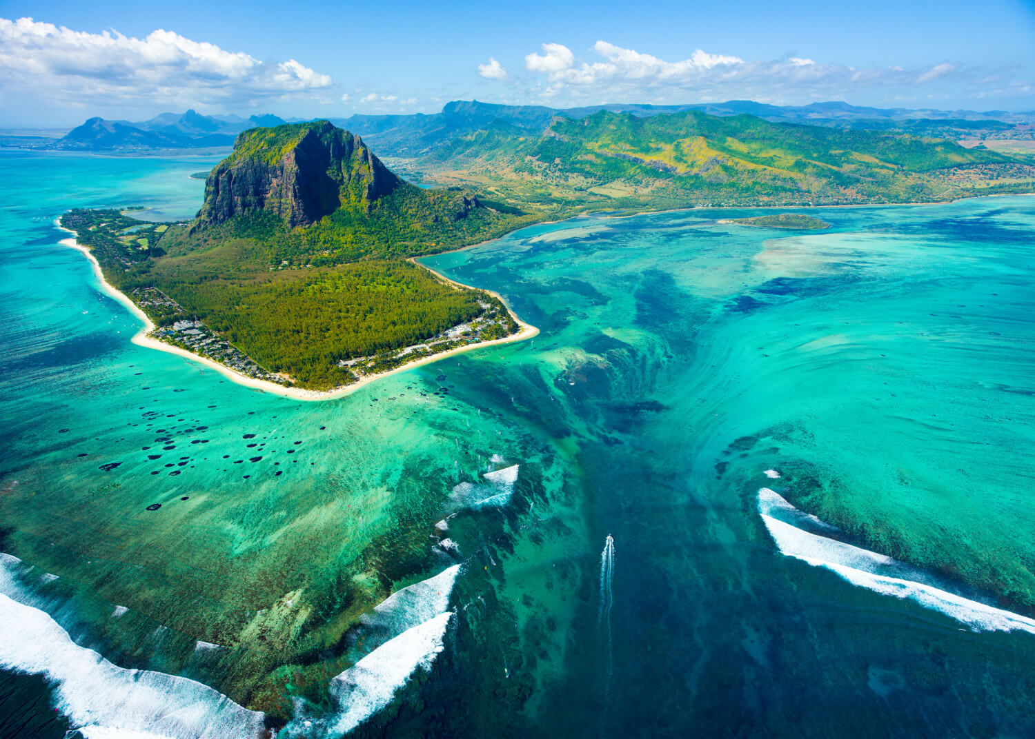 Aerial view of the island of Mauritius, South Indian Ocean, with the underground waterfall